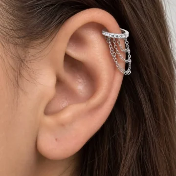 1 adet zirkon taşlı 4 sıra zincirli sol kulak uyumlu halka piercing