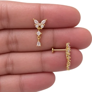 1 ADET ZİRKON TAŞLI KELEBEKLİ HELİX TRAGUS FLAT UYUMLU PİERCİNG