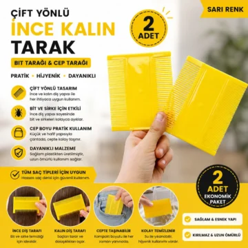 2 Adet Çift Yönlü Tarak Ince Kalın Bit Tarağı Cep Tarak Sarı Renk