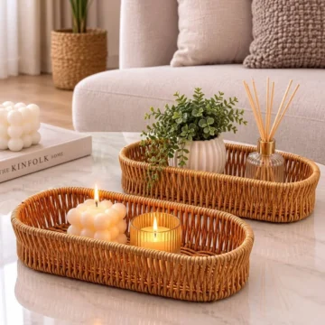 2 Adet Yakut 13750 Rattan Örme Mini Uzun Sepet Çok Amaçlı Dekoratif Düzenleyici Sunumluk Rattan Sepet