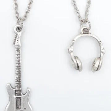 2'li Elektro Gitar - Kulaklık Gümüş Kaplama Unisex Düz Zincir Kolye Seti