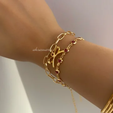 2'Li Kalp Taşlı Kurdele Gold Kadın Bileklik Kombin Set