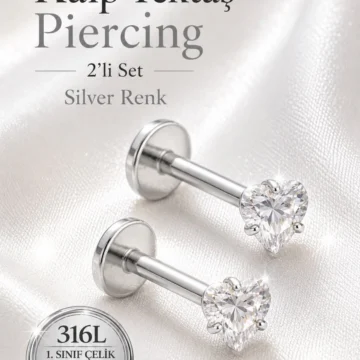 2’li Set Kalp Tektaş Piercing 316L Çelik Taşlı Helix Tragus Labret Piercing