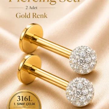 2’li Set Taşlı Top Uçlu Piercing 316L Çelik Helix Tragus Labret Kıkırdak Piercing