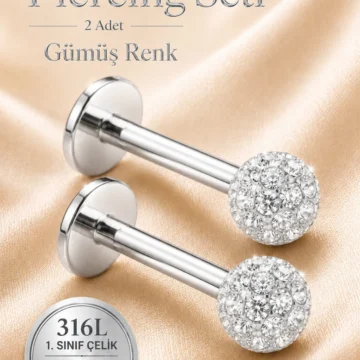 2’li Set Taşlı Top Uçlu Piercing 316L Çelik Helix Tragus Labret Kıkırdak Piercing