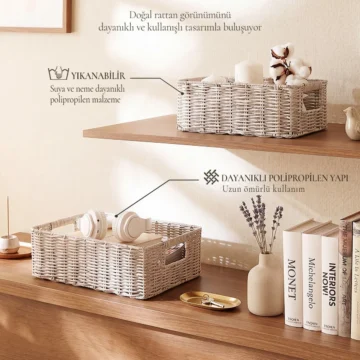 2'li Yıkanabilir Bej PP Rattan Dolap İçi Çamaşır Çocuk Odası Oyuncak Düzenleyici Saklama Sepeti Organizer 30x20x11 /36x26x12