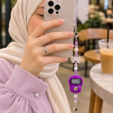 2’si 1 Arada Boncuklu Charmlı Zikirmatik Mor & Telefon Charmı Telefon İpi Çanta Süsü Çanta Charmı