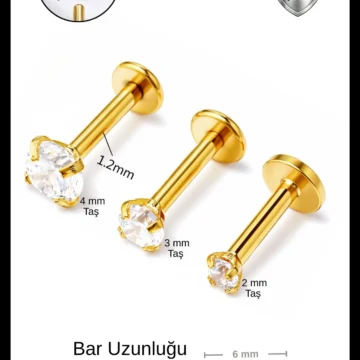 3 Adet Cerrahi Çelik Taşlı Tragus, Helix, Dudak, Kıkırdak Piercing ( Bar Uzunluğu Seçiniz )