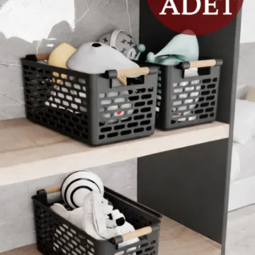3 Adet Siyah Sepet | Ahşap Görünümlü Tutamaçlı Çok Amaçlı Sepet Organizer Düzenleyici Set