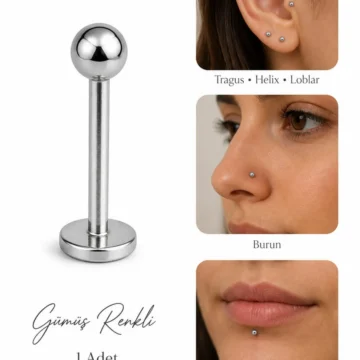316L Çelik Top Uçlu Düz Arkalı Labret Piercing Tragus Helix Dudak Burun 6–8–10–12 mm 1 Adet