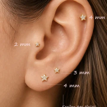 316L Çelik Yıldız Taşlı Labret Piercing 6 mm – Zirkon Tektaş Helix Tragus Küpe