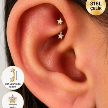 316L CERRAHİ ÇELİK YILDIZ ZİRKON TAŞLI 1 ADET ROOK PİERCİNG 6 MM BAR