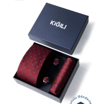 3'lü Desenli Kravat & Mendil & Kol Düğmesi Hediye Kutulu Set