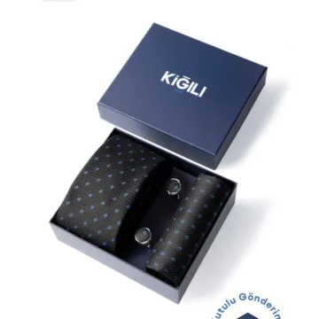 3'lü Desenli Kravat & Mendil & Kol Düğmesi Hediye Kutulu Set