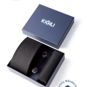 3'lü Desenli Kravat & Mendil & Kol Düğmesi Hediye Kutulu Set