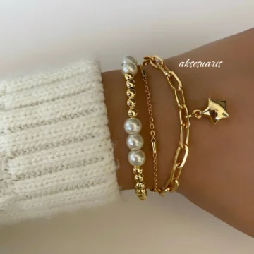 3'Lü Gold Yıldız Cam İnci Bileklik Set