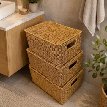3'lü Kapaklı Hasır Rattan Organizer Sepet SHR4404