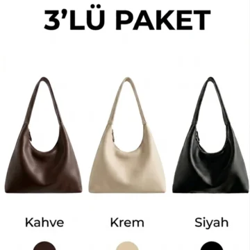 3'Lü Paket Kahve,Krem,Siyah Vintage Çift Fermuarlı El Kol ve Omuz Çantası