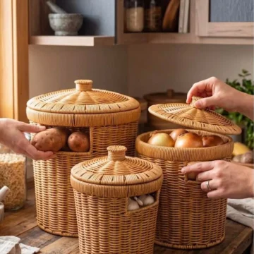 3'lü Patates Soğan Sarımsak Sepeti Seti - Rattan Dekoratif ve Düzenleyici Kapaklı Sebzelik Soğanlık
