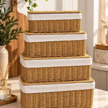 4'lü Kapaklı Hasır Kumaş Astarlı Rattan Organizer Sepet TRN603