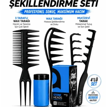 4'lü Saç Şekillendirme Seti 20 gr Pudra Wax + 3'lü Saç Tarağı Erkek Saç Şekillendirici Set