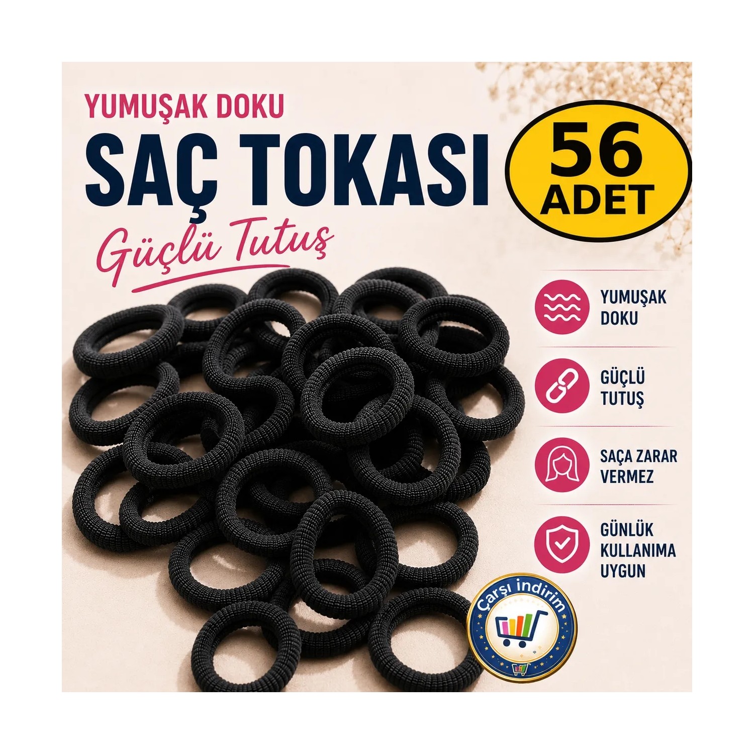 56 Adet Siyah Saç Tokası Esnek Havlu Lastik - Görsel 7