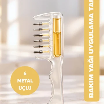 6 Metal Uçlu Serum Hazneli Saç Dibi Bakım Tarağı Yağ ve Serum Uygulama Masaj Tarağı Kavisli Sap