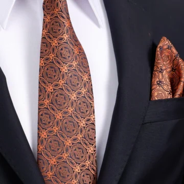 8 Cm Klasik Geniş Hand Made Kiremit - Lacivert Motif Desen Mendilli Kravat