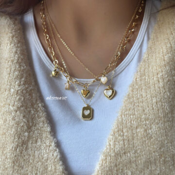 aksesuaris 3'lü Gold Kalpli Charm Kolye Set
