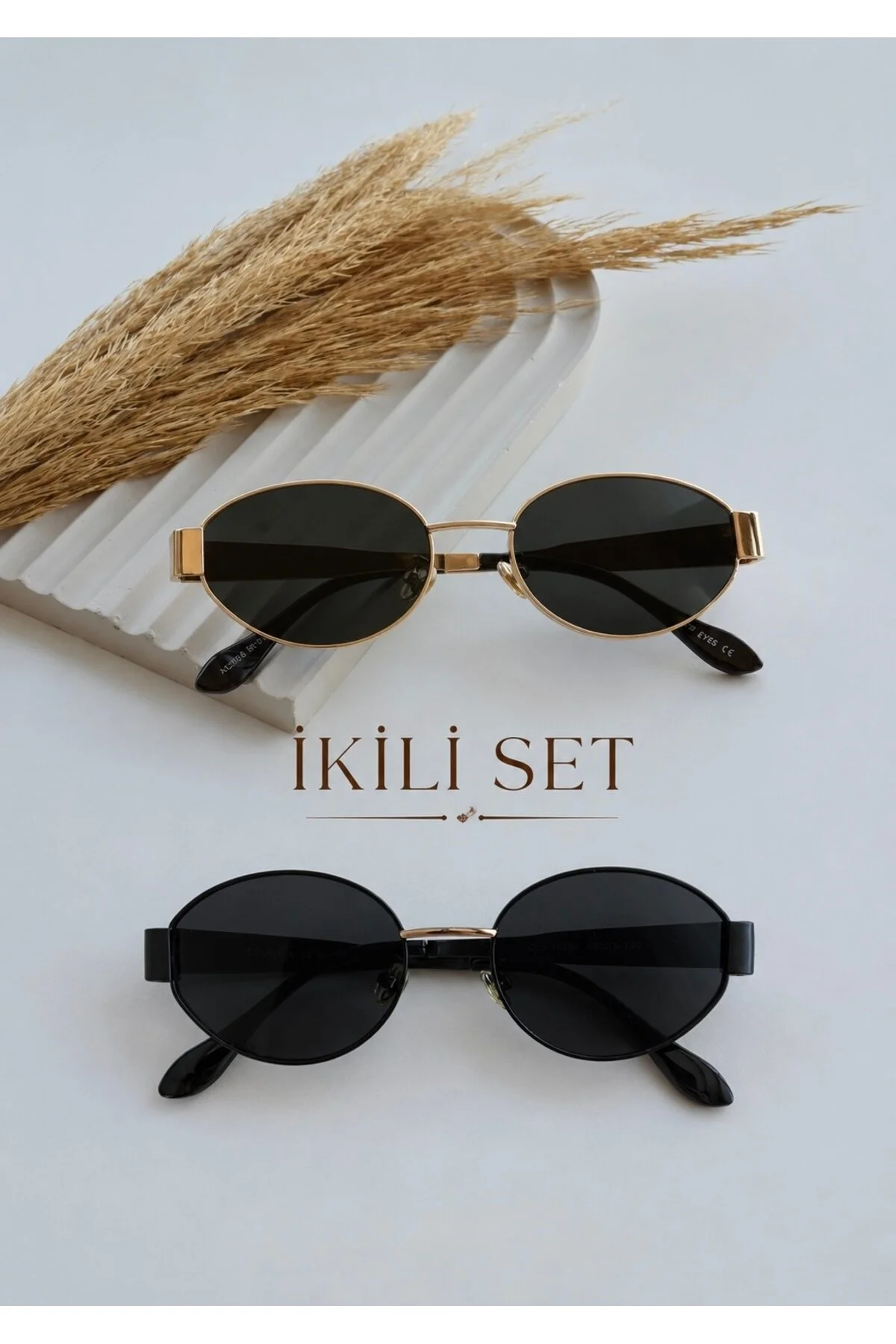 Alev 56 Ekartman Unisex Kadın Uv400 Korumalı Oval Gold Siyah NyIon Cam Metal Güneş Gözlüğü