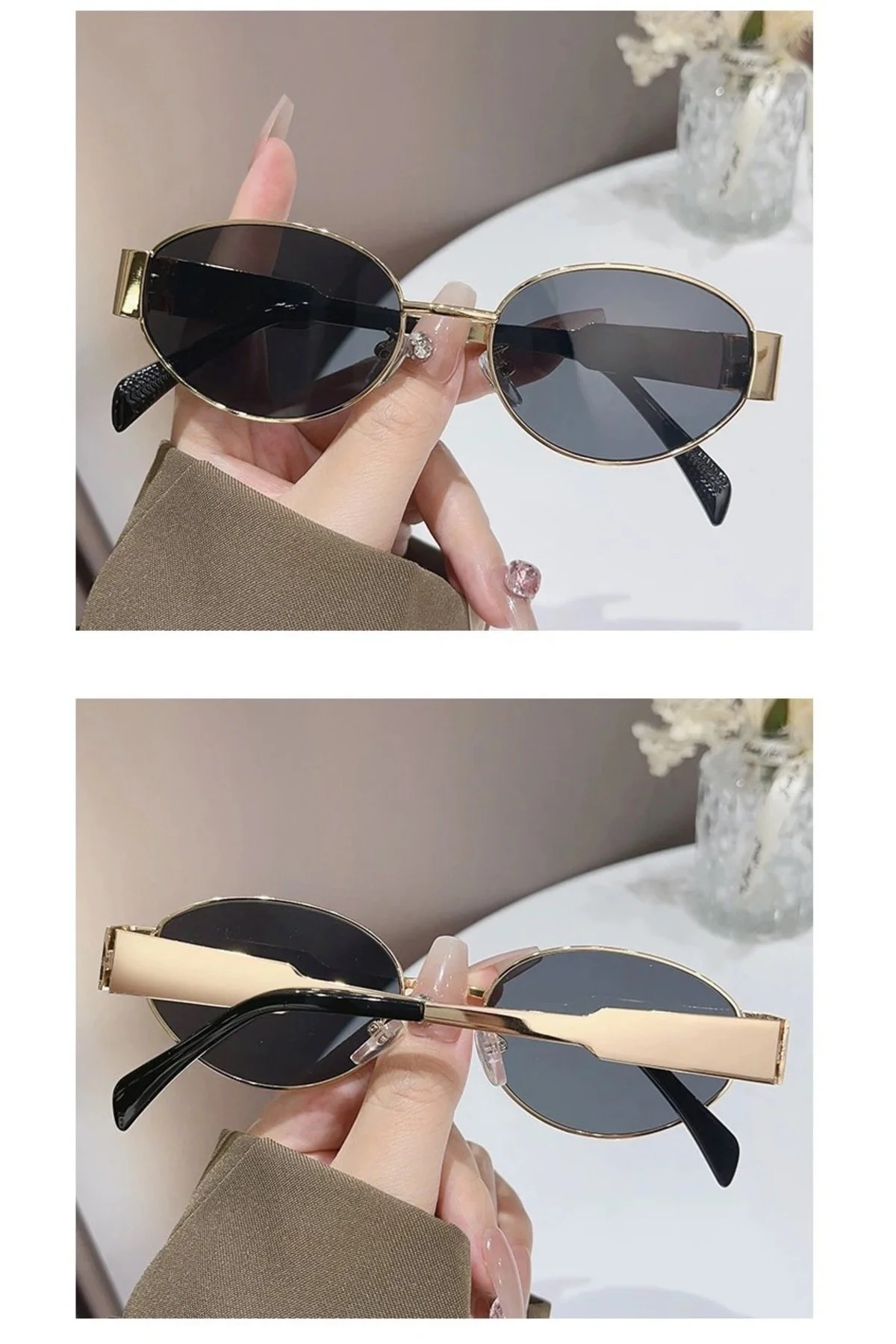 Alev 56 Ekartman Unisex Kadın Uv400 Korumalı Oval Gold Siyah NyIon Cam Metal Güneş Gözlüğü - Görsel 7
