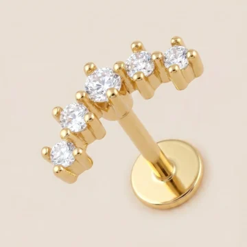 Altın Renkli Cerrahi Çelik Kavisli 5 Taşlı Flatback Piercing - Helix, Conch, Kıkırdak