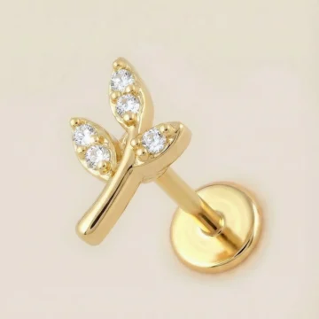 Altın Renkli Cerrahi Çelik Minimal Yaprak Formlu Flatback Piercing – Tragus, Helix, Kıkırdak