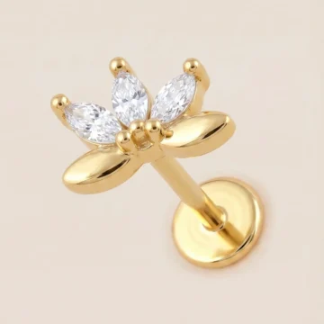 Altın Renkli Cerrahi Çelik Yapraklı Çiçek Figürlü Flatback Piercing - Helix, Conch, Kıkırdak