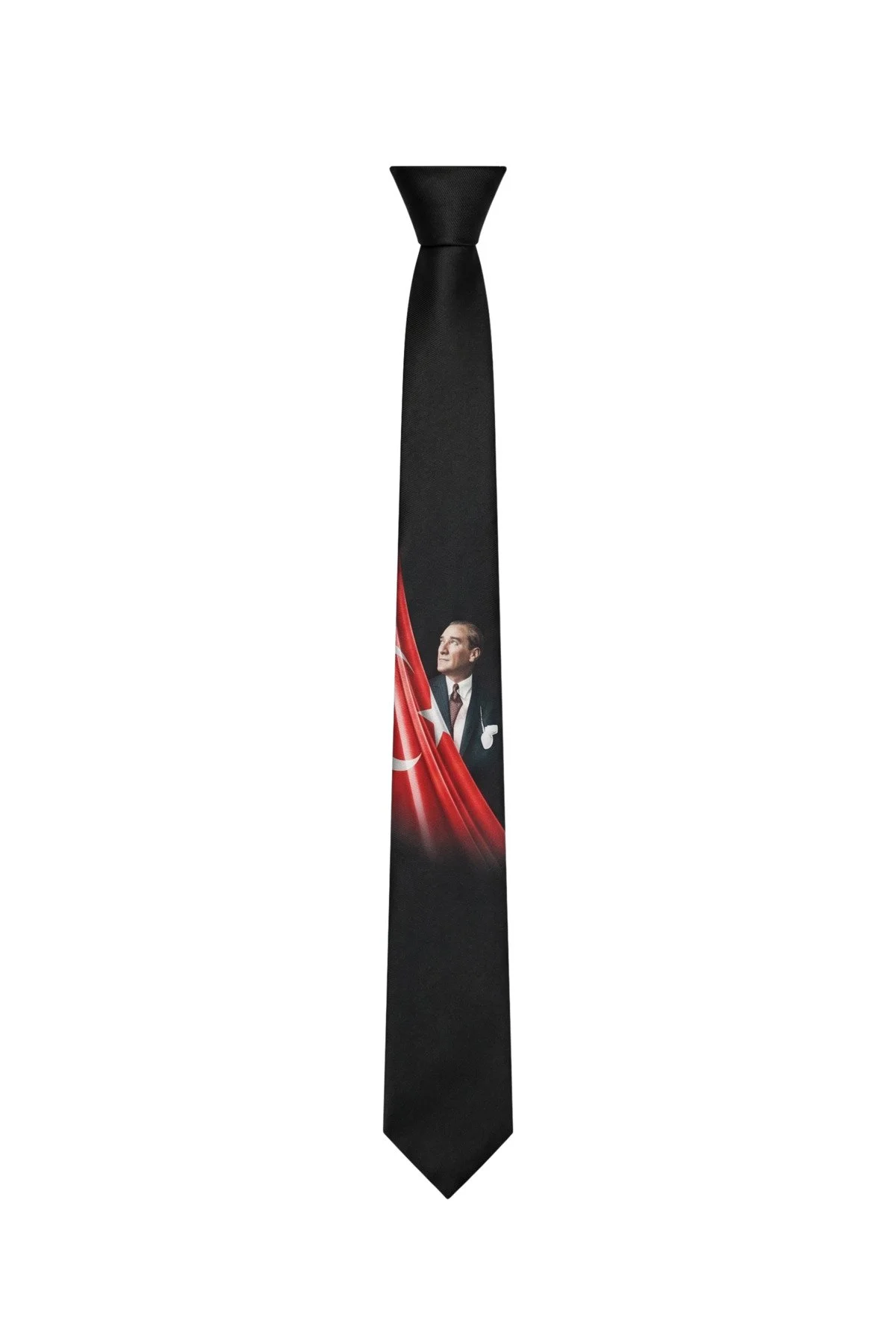 Atatürk Portreli ve Türk Bayraklı Siyah Özel Tasarım Kravat (7 cm) - Özel Kutulu - Görsel 3