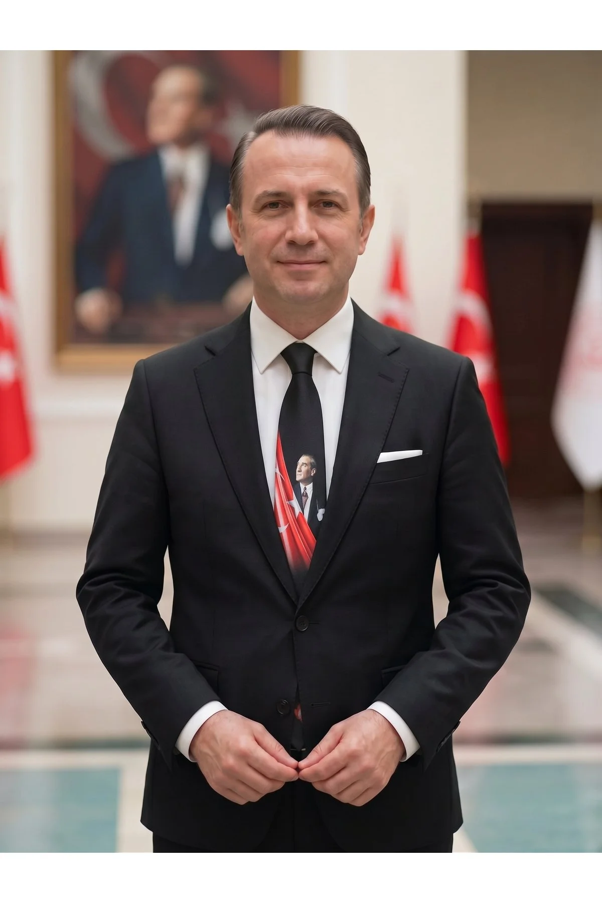 Atatürk Portreli ve Türk Bayraklı Siyah Özel Tasarım Kravat (7 cm) - Özel Kutulu - Görsel 4