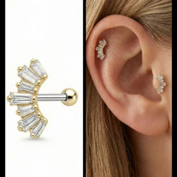 Baget Sıralı Kavisli Model Zirkon Taşlı Tragus ve Helix Piercing 1 Adet Gümüş Renk