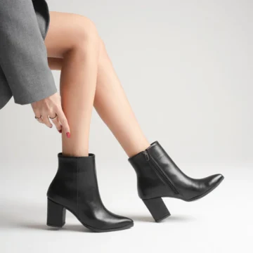 Bej Cilt Kadın Sivri Burun Kalın Ökçeli Yandan Fermuarlı Sade Bot Casual Günlük Yeni Sezon