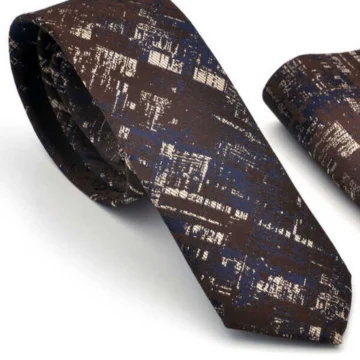 Bej Lacivert Motif Desenli Kahverengi Dokuma Kumaş Mendilli Slim Fit Kravat / SDK-220710
