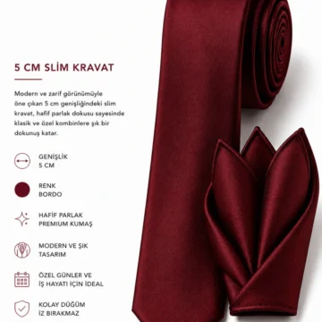 BORDO DÜZ SATEN HAFİF PARLAK MENDİLLİ KRAVAT 5CM