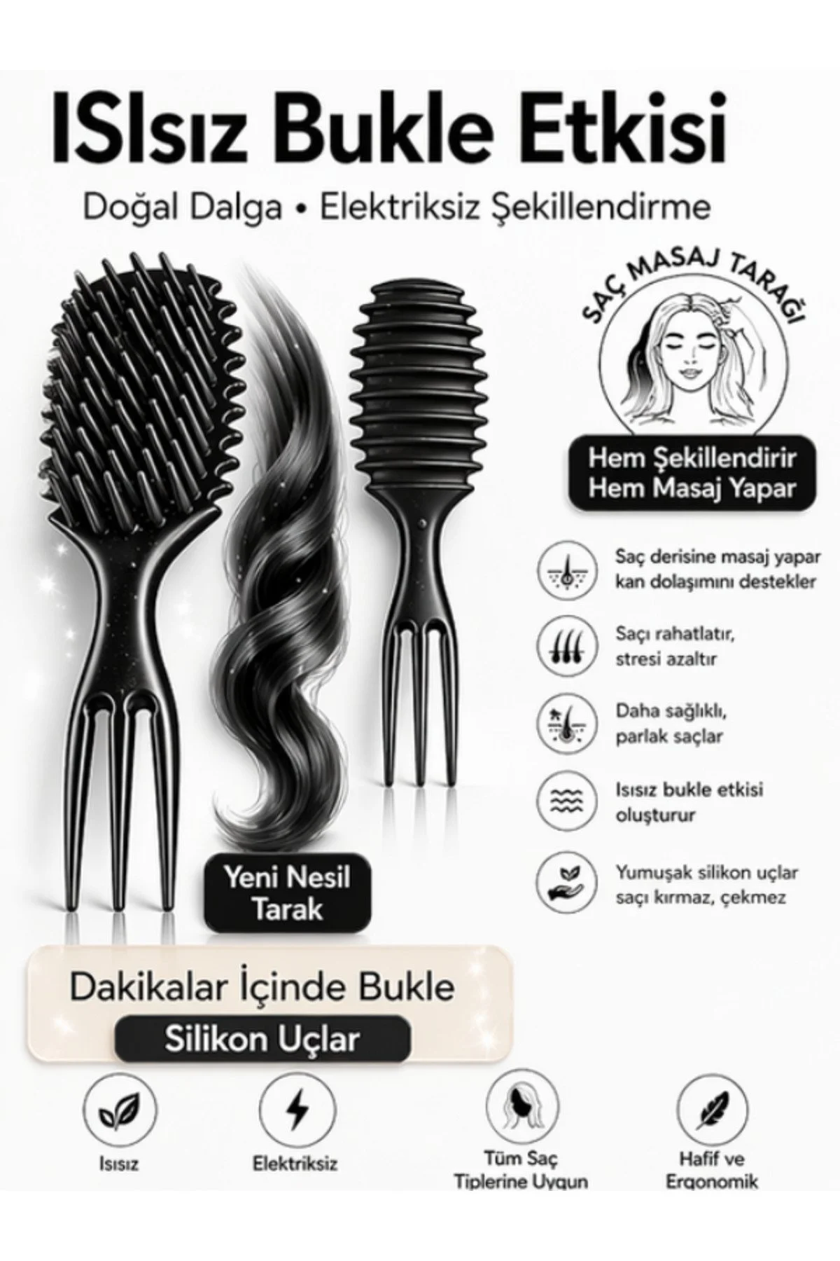 Bukle Tarağı Kıvırcık Saç Tarağı Saç Şekillendirici Tarak Saç Masaj Tarağı Mucizevi Tarak Saç Şekillendirme Seti Çok Amaçlı Kullanım Silikon Uçlar İle Yeni Nesil Sihirli Tarak Saç Fırçası Ve Tarak - Görsel 2