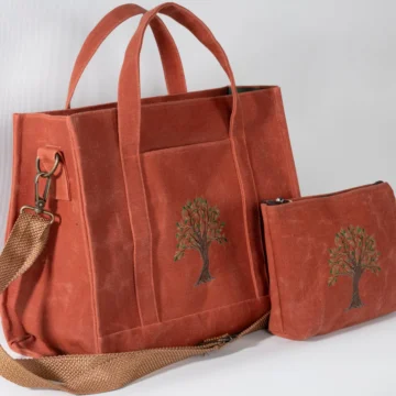 Butikmutik Zeytin Ağacı Nakışlı Mumlu Kanvas Çanta ve Cüzdan Takımı (Kiremit, Büyük Boy)