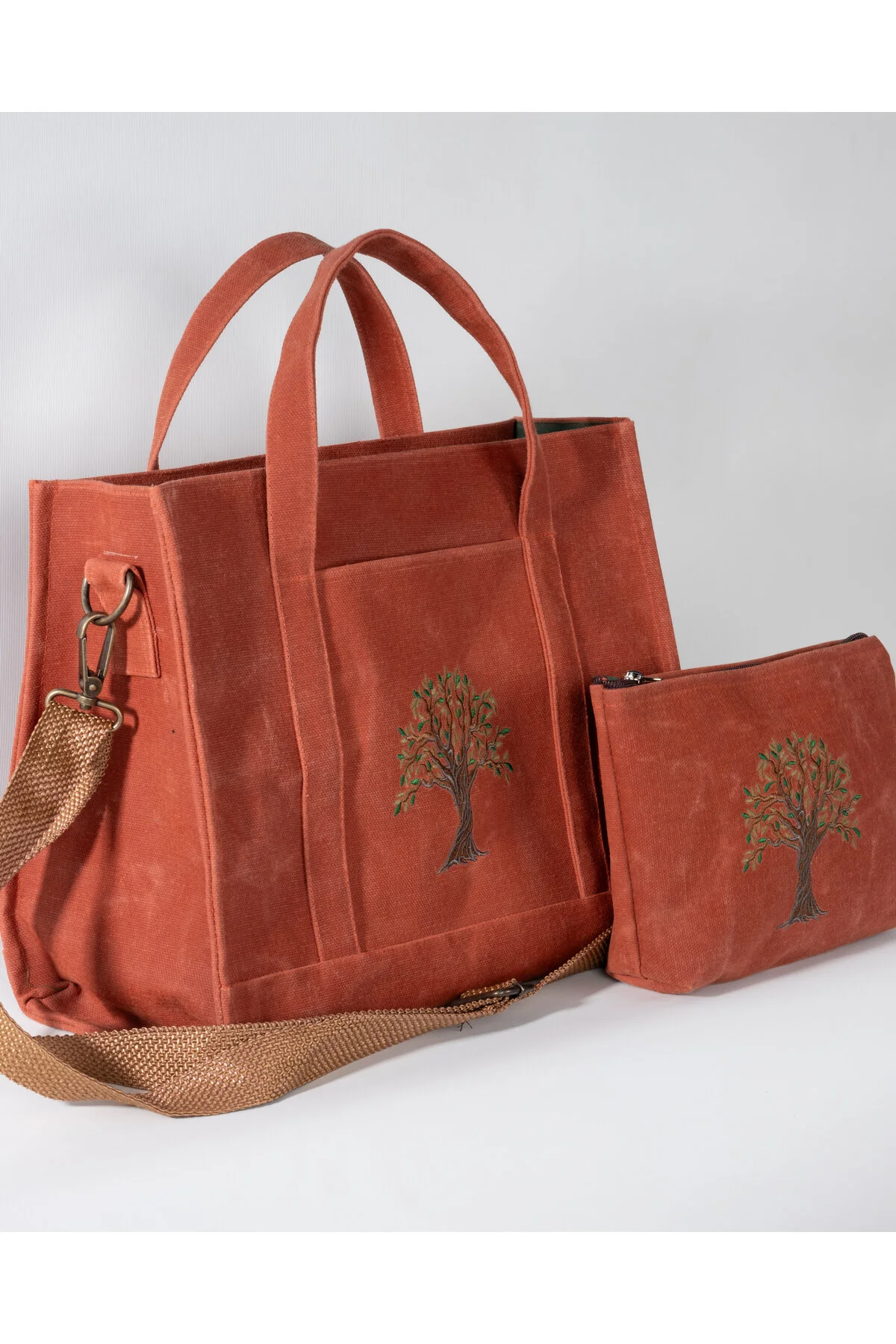 Butikmutik Zeytin Ağacı Nakışlı Mumlu Kanvas Çanta ve Cüzdan Takımı (Kiremit, Büyük Boy)