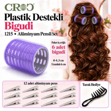Büyük Boy Bigudi 6Lı + (Saç Pensi 12Li) Cırtlı - Yapışkanlı Saç Bigudisi Mor (1215A)