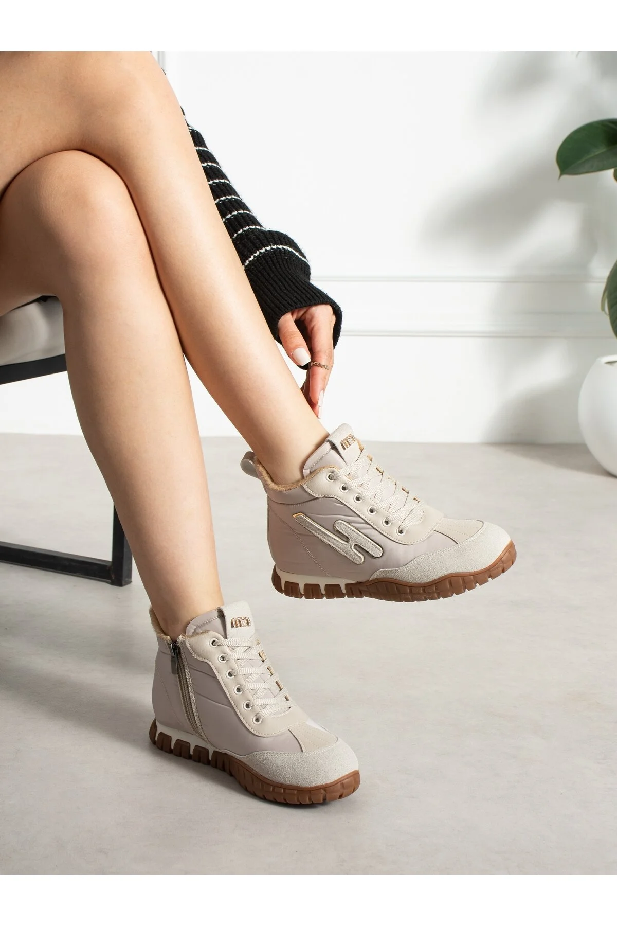 CARİNA Krem İçi Kürklü Gizli Topuk Kadın Sneakers Bot - Görsel 7