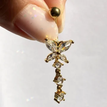 Çelik Göbek Piercing Kelebek Zirkon Taşlı Sallantılı Üç Sıralı