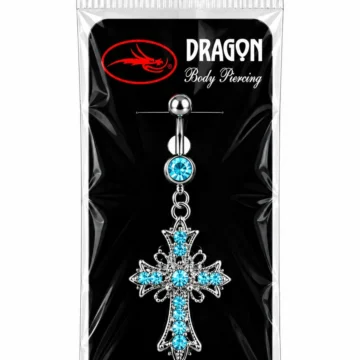 Çelik Göbek Piercing Sallantılı Turkuaz Taşlı Haç Figürlü Kristal Model 316L