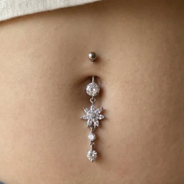 Çelik Göbek Piercing Uzun Sallantılı Çiçek Damlalı Taşlı Model