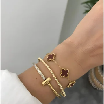 * Çelik Vintage Model Mini Bordo Mineli Altın Zincir 5 Motif Bileklik