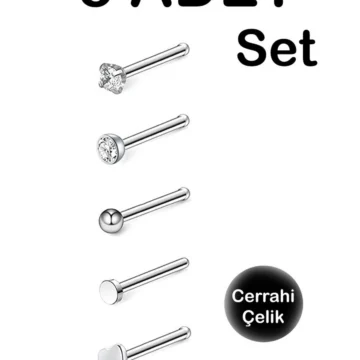 Cerrahi Çelik | Taşlı, Kalpli, Taşsız Minimal Burun Piercingi Spiral Kancalı Hızma Set (5 Adet)